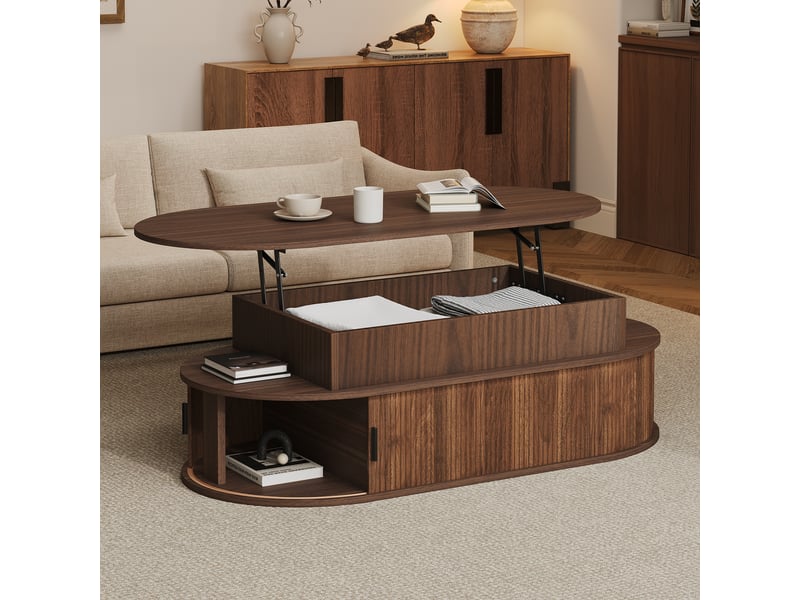 Table basse relevable ovale 100 × 50 × 40 cm table d'appoint salon en bois avec rangement dissimulé 2 portes enroulables, noyer - Conforama B