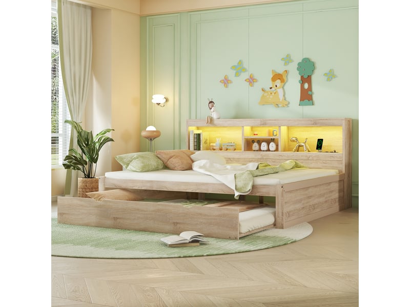 Lit gigogne 140x200 cm - lit adoadulte avec tiroir 90x190 et éclairage led télécommandé - ports usb, prise électrique et rangement intégré - naturel - Conforama D