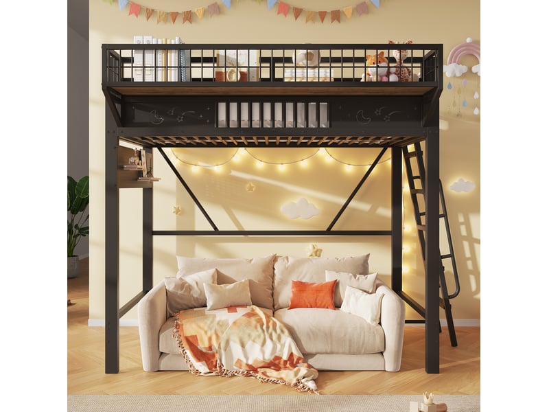  Lit mezzanine 90x200 cm, rangements latéraux, espace libre sous le lit, échelle réversible, métal noir, sans matelas  - Conforama B