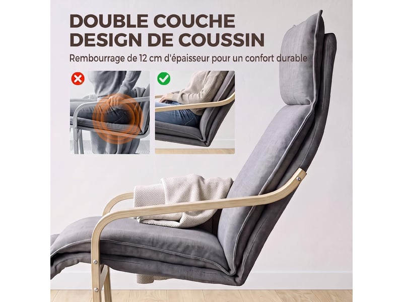  Fauteuil de salon avec repose-pieds tissu aspect lin gris 90 x 67 x 105 cm  - Conforama E