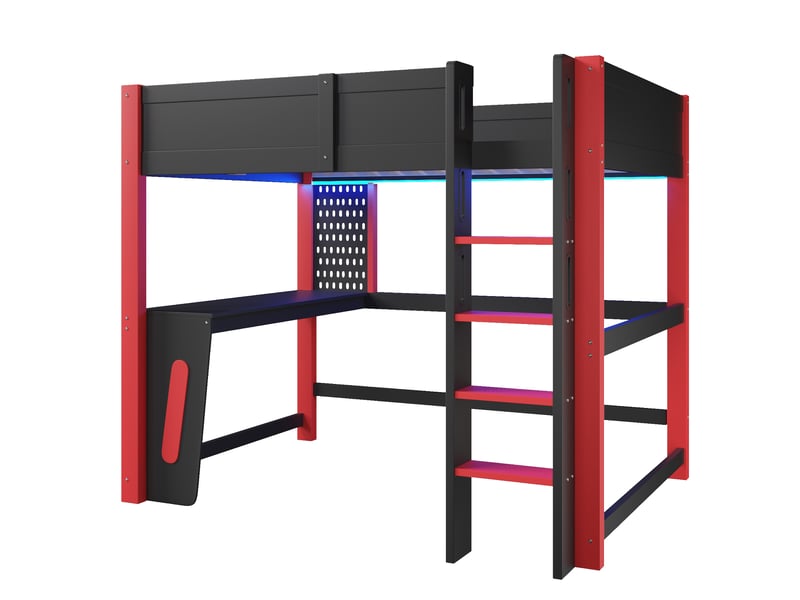  Lit mezzanine, 140 × 200 cm, noir, pin et mdf, bureau, led, panneau perforé, sans matelas, led pilotable par appli  - Conforama A