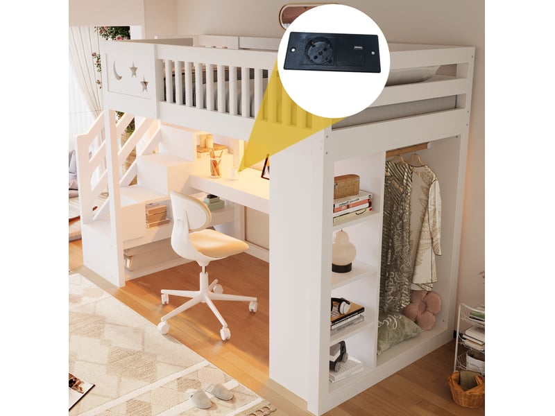 Lit mezzanine modenvie 90 x 200 cm avec bureau, rangements, led et prises blanc - Conforama D