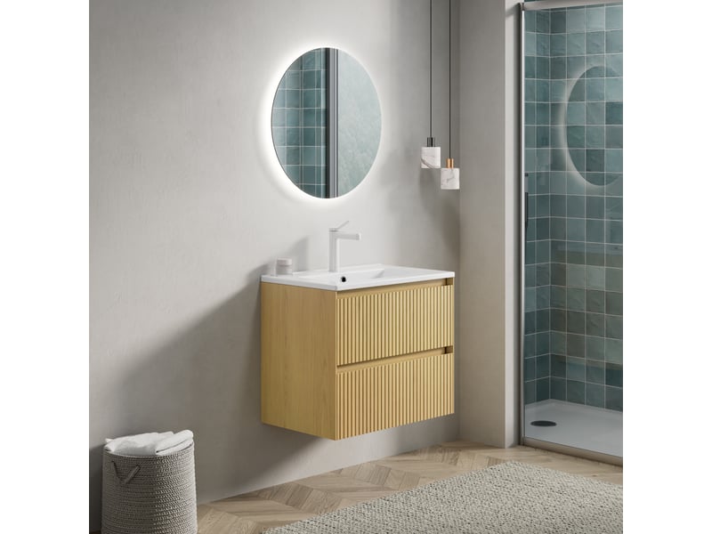 Meuble sous vasque suspendu avec 2 tiroirs et lavabo en céramique pour salle de bain, 61 cm, chêne doré et blanc - Conforama E