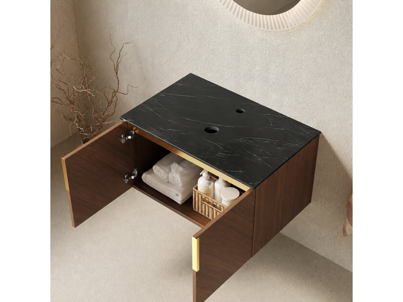  Meuble sous vasque 76 cm avec plan de toilette en pierre frittée, effet chêne, portes doubles  - Conforama B
