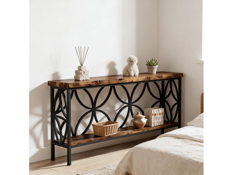 Console industrielle avec étagère ouverte et 2 niveaux pour entrée et salon, en métal et bois, noir, 160 × 29,5 × 80 cm  - Conforama E