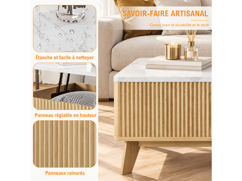  Table basse relevable salon avec rangement caché- plateau imitation marbre - panneaux cannelés verticaux  - compartiment de stockage - table basse multifonction - style scandinave mid-century - bois naturel  - Conforama D