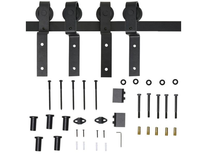 Système de porte coulissante pour porte en bois en acier carbone noir avec rail et 9 accessoires, kit de ferrure moderne pour intérieur - Conforama A