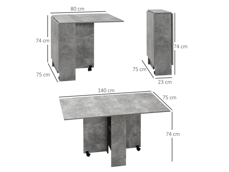  Table de cuisine pliante à roulettes, 2 étagères de rangement et 2 rallonges rabattables, style moderne, 75 x 140 x 74 cm, gris ciment  - Conforama E