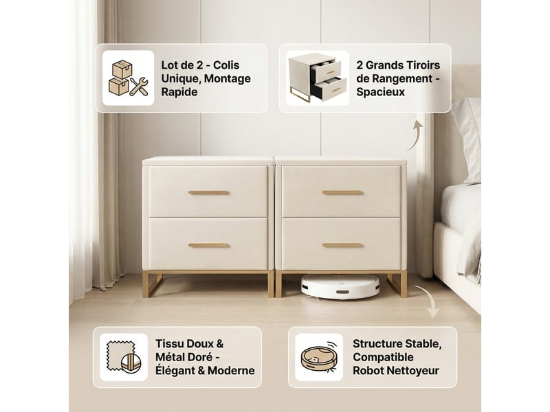  Lot de 2 tables de chevet 40x40x50cm avec 2 tiroirs, velours et pieds en métal doré, style moderne, beige  - Conforama C