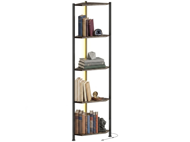  Bibliothèque d'angle à 5 niveaux avec éclairage led pour salon, chambre, bureau, marron rustique  - Conforama A