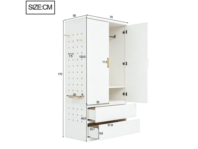  Armoire blanche 70 x 50 x 170 cm en mdf, 2 tiroirs, rangement caché et panneau perforé latéral pratique  - Conforama C