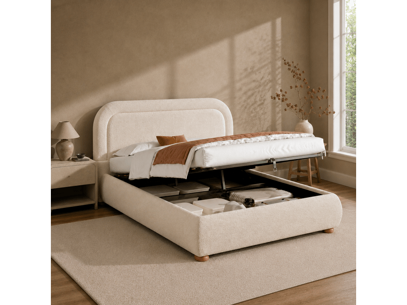  Lit coffre 140x200 double en tissu bouclette beige avec sommier à lattes et rangement hydraulique  - Conforama W