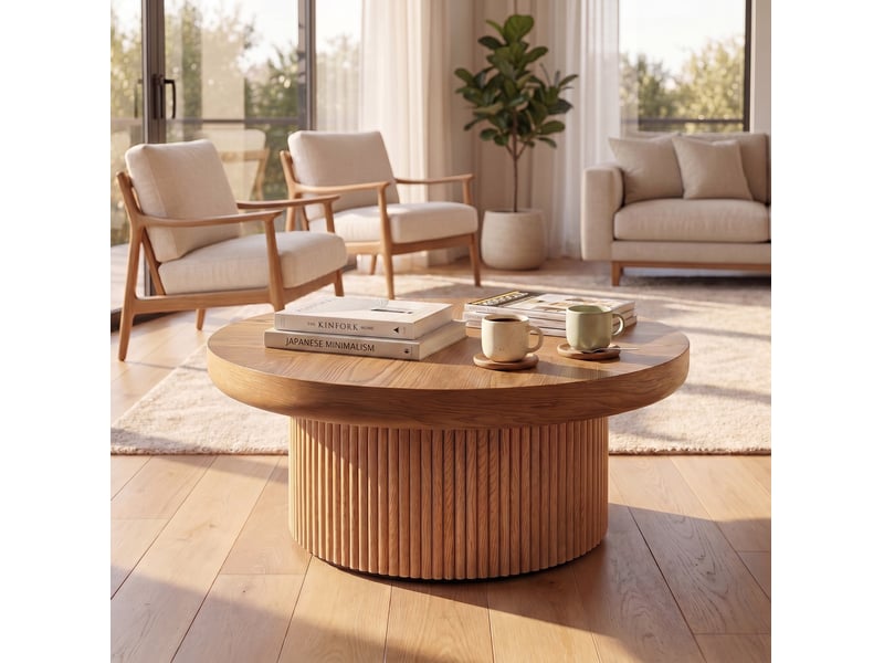  Table basse ronde 78 cm plateau parquet en bois base rainurée bois naturel  - Conforama D