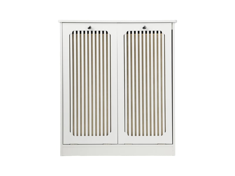Meuble de salle de bain - 66x35x76cm - panier à linge double bacs tissu portes persiennes basculantes - blanc - Conforama A