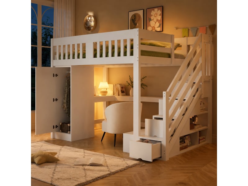  Lit mezzanine multifonction 140 x 200 cm blanc avec rangement, bureau, armoire et éclairage led  - Conforama B
