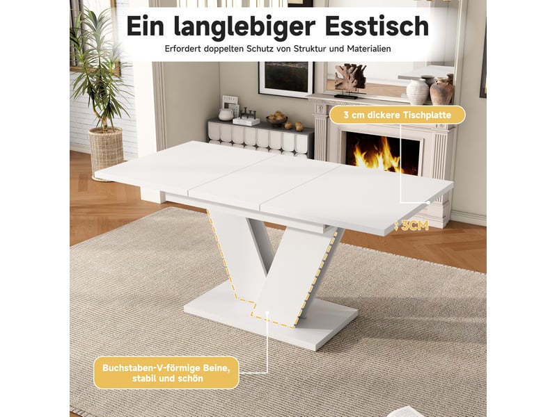  Lot de 7, ensemble repas extensible 120 à 160 x 80 cm, table blanche en mdf et 6 chaises beige pivotantes  - Conforama E