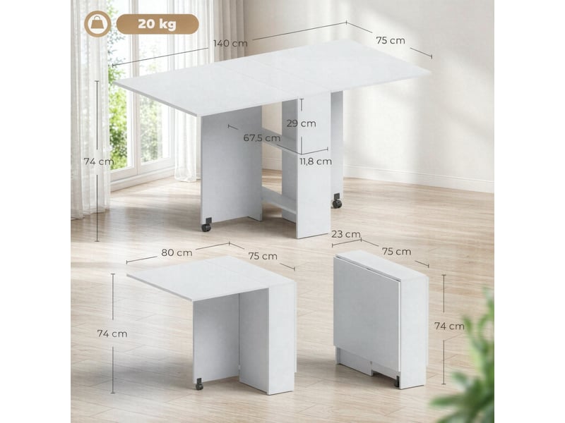 Table de salle à manger pliante extensible à roulettes avec 2 niches de rangement pour cuisine et salon, blanche - Conforama D