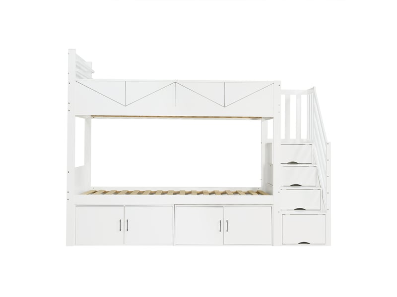  Lit superposé, lit enfant 90x200 cm, escalier de rangement, bois massif blanc, barrière antichute  - Conforama B