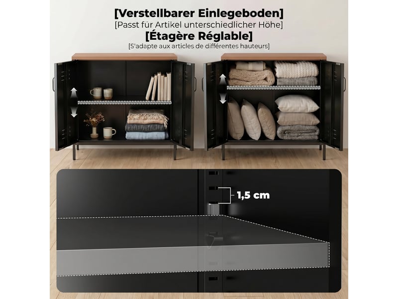 Buffet salon métallique, meuble de rangement industriel avec 2 portes et étagère réglable, noir, 80 x 40 x 80 cm  - Conforama R