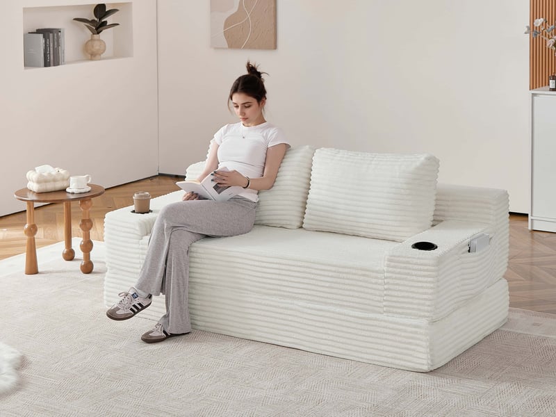  Canapé droit 2-en-1 en tissu côtelé, 2 coussins déco, porte-boissons et poches, 62x180x85 cm, beige  - Conforama B