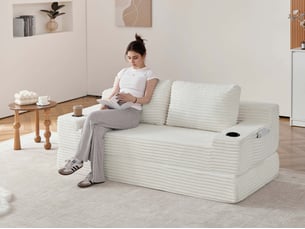 Canapé droit 2-en-1 en tissu côtelé, 2 coussins déco, porte-boissons et poches, 62x180x85 cm, beige