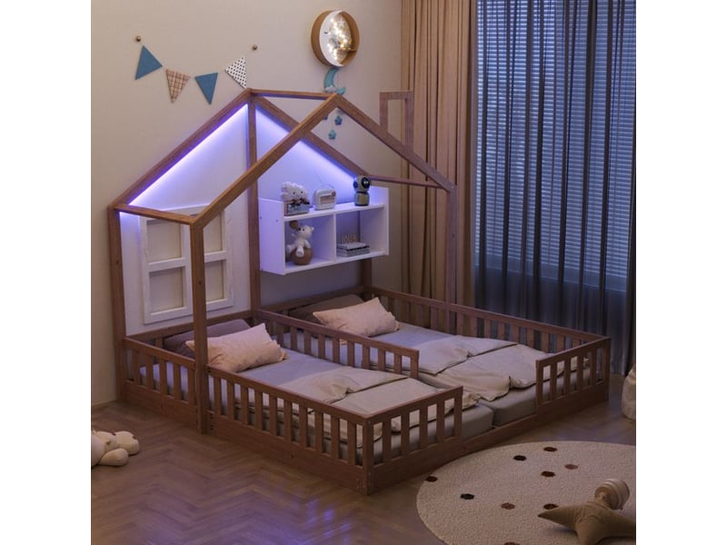  Lit d'enfant en bois - 90x200 cm - design maison - éclairage led - garde-corps de sécurité - espaces de rangement 204x188x161cm - Conforama D