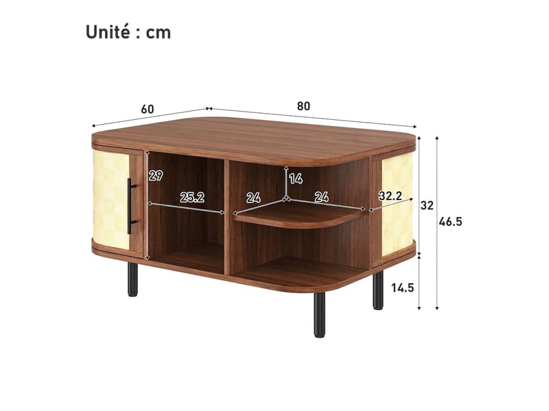  Table basse noyer forme incurvée avec rangement 80x60 cm  - Conforama D