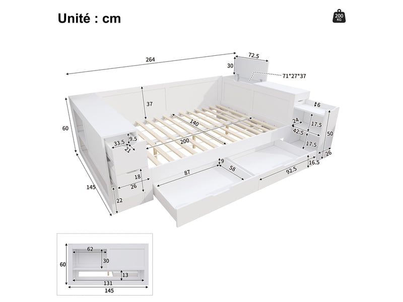  Lit banquette 140x200, lit enfant simple avec étagères, tiroirs et chevet de rangement intégré, mdf - sans matelas - blanc  - Conforama C