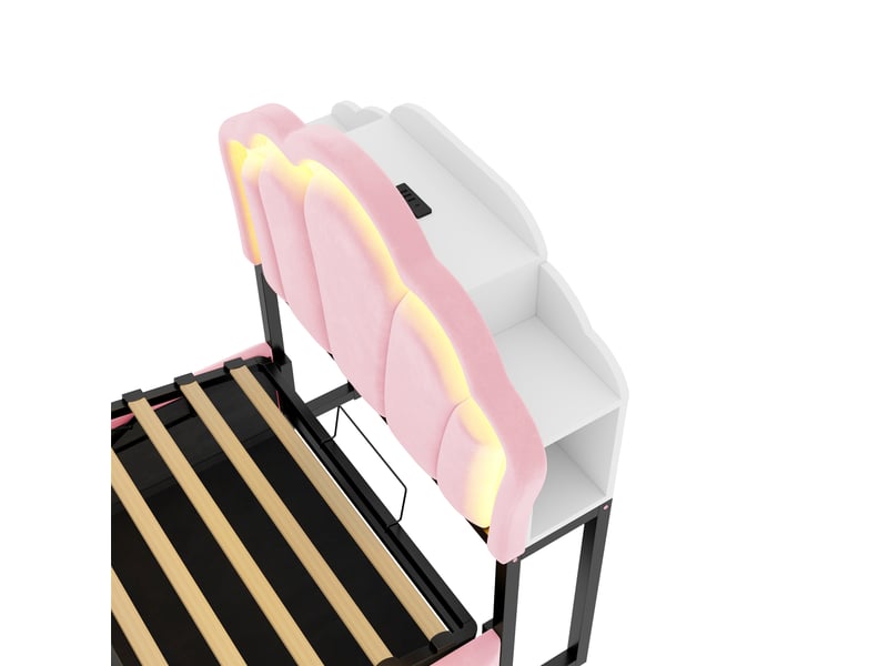  Lit coffre 90x200 cm - lit 1 place avec rangement hydraulique, tête de lit avec rangements, led et prises - velours - rose  - Conforama W