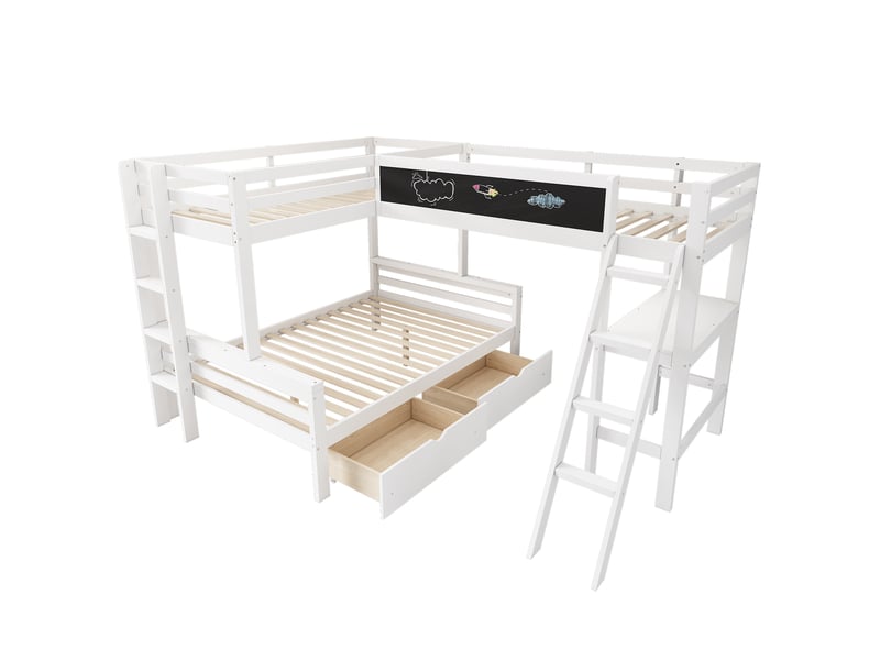  Lit enfant 90140x200cm,lit superposé triple en pin avec tableau noir,bureau,échelle et garde-corps,blanc lit enfant blanc - Conforama E