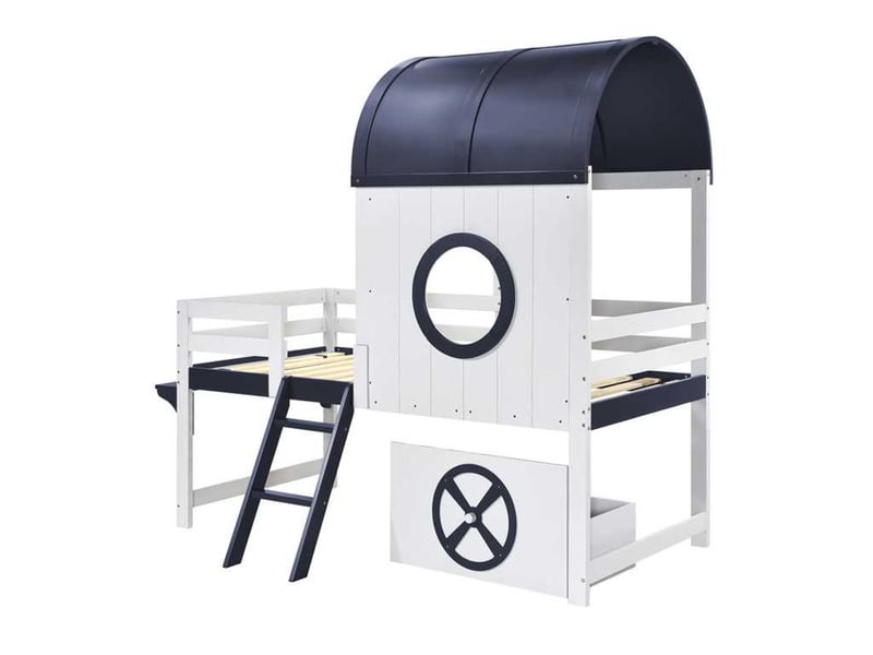  Lit mezzanine 90x200 cm, lit enfant cabane avec tiroir et échelle, en bois, blanc et bleu, sans matelas  - Conforama D