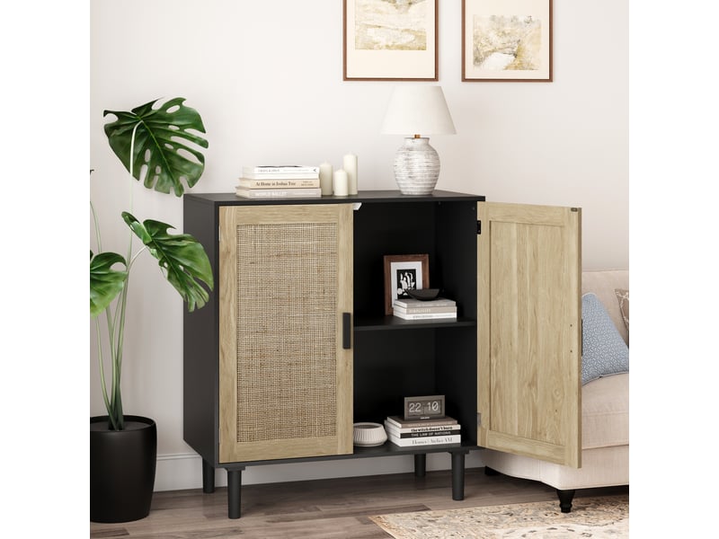  Buffet 2 portes et 2 niches avec poignées en bois massif pour salon 80×40×88 cm noir  - Conforama D