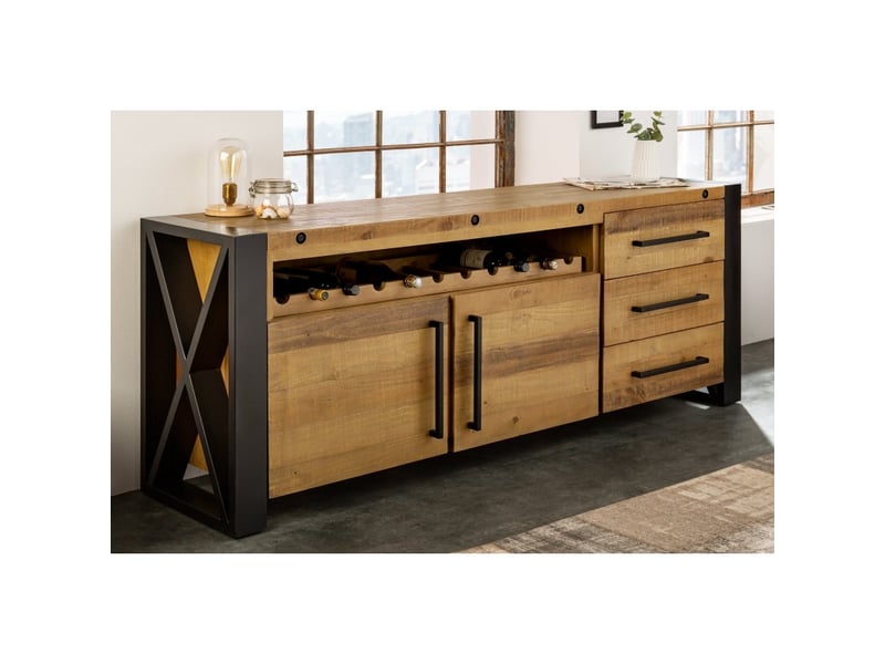  Buffet cavara 195 cm – pin massif brun vintage et métal noir – 2 portes, 3 tiroirs et range-bouteilles  - Conforama B