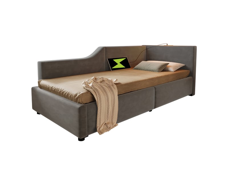  Lit banquette 90x200 cm avec coffre hydraulique, velours gris  - Conforama A