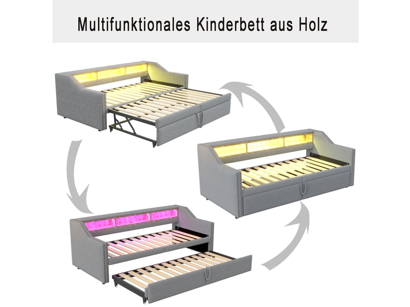  Lit banquette simple 90×200 cm extensible en 180×200 cm, led et usb - okmyhome- gris clair, 2 matelas inclus  - Conforama E