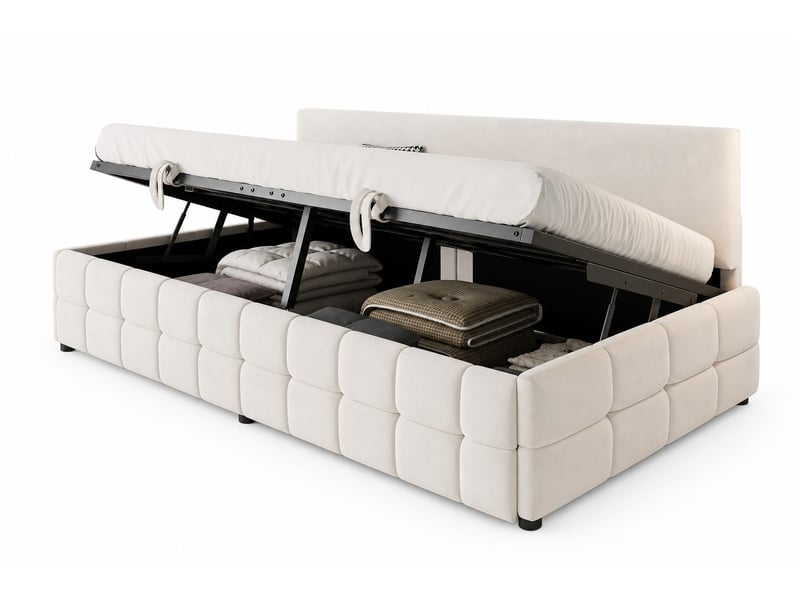  Lit coffre 90x200 cm, beige, mdf, levage hydraulique, dossier sans accoudoirs, sans matelas  - Conforama A