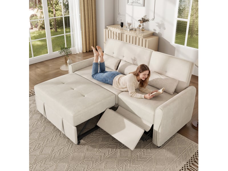 Canapé convertible 3 places avec dossier réglable et assise extensible, repose-pieds et 3 coussins en chenille beige - Conforama E
