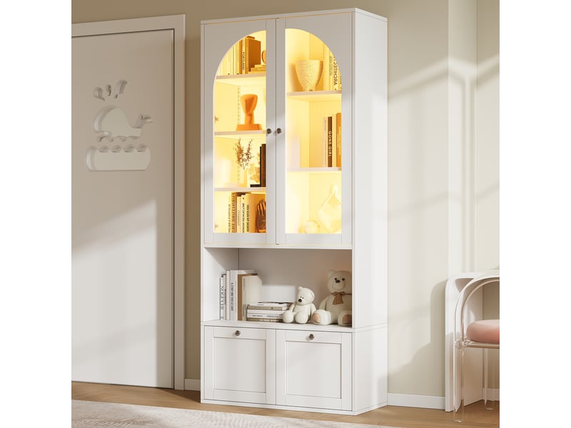  Vitrine led 80 x 35 x 180 cm, portes vitrées cintrées, tiroirs, bibliothèque et grand rangement pour collections et salon, moderne, blanc ABC - Conforama E