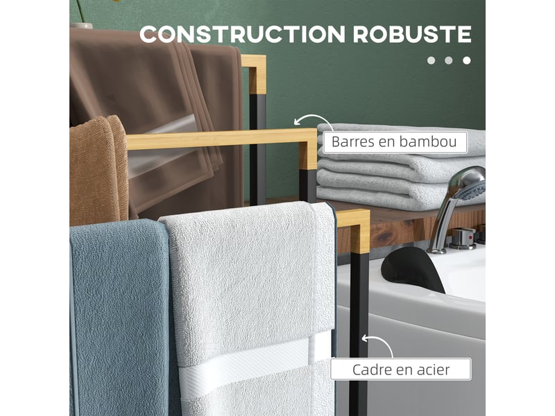  Porte-serviettes en bambou et acier sur pieds avec 3 support barres pour serviette 45 x 22,5 x 86 cm noir et naturel  - Conforama E