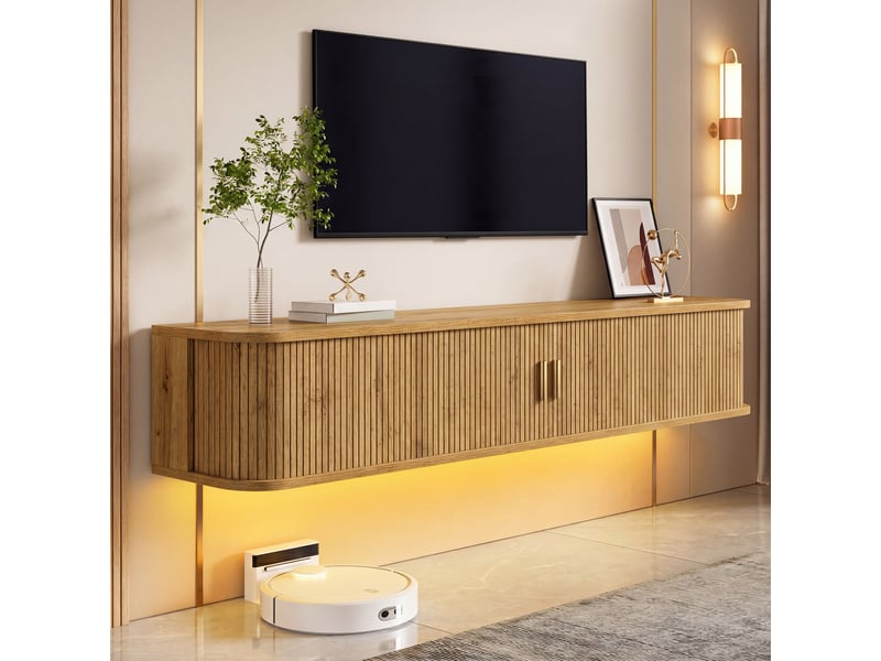  Meuble tv 175x30x30 cm, suspendu, extensible, éclairage led, commande par application, 1 tiroir, mdf pour salon - naturel  - Conforama D