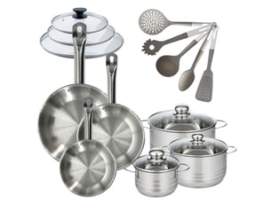 Batterie de cuisine avec 3 faitouts 162024 cm et 3 poêles 202428 cm avec 8 ustensiles de cuisine fackelmann etherna brillant vario avec couvercles