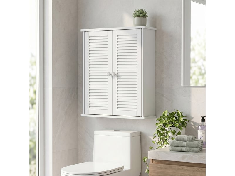  Armoire murale de salle de bain, meuble de rangement suspendu avec 2 portes persiennes et étagère réglable, blanc  - Conforama C