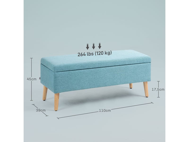  Banc de rangement bleu en lin avec coffre de rangement intégré supportant jusqu'à 220 kg et mesurant 110x39x45 cm  - Conforama C