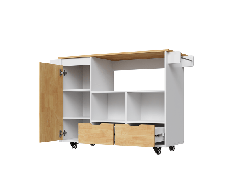  Îlot de cuisine mobile 120x70x91 cm blanc et bois, plateau rabattable, 2 tiroirs et roulettes Fay Lum - Conforama D