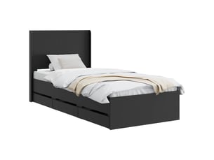 Lit adulte, lit simple, cadre de lit avec rangement et tête de lit noir 90x200cm cf1818