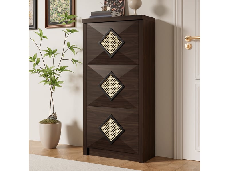  Meuble à chaussures avec 3 abattants et niche ouverte, style vintage, décor rotin, pour entrée, 54 × 25 × 115 cm  - Conforama C