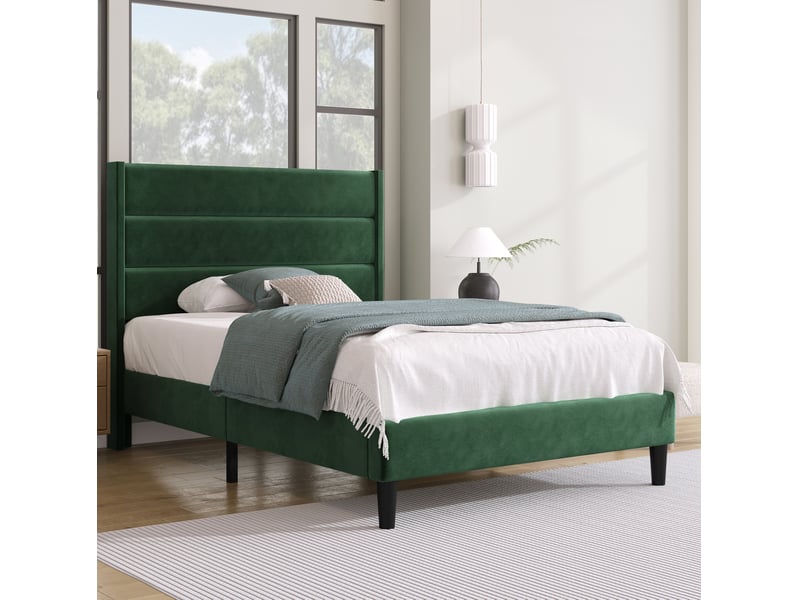  Modenvie lit 1 place 90x200 cm - tête de lit rembourrée en velours, sommier à lattes inclus, sans matelas - vert  - Conforama B