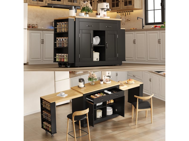  Îlot de cuisine extensible avec double plan de travail, chariot de cuisine mobile sur roulettes, 142-340cm, noir  - Conforama D