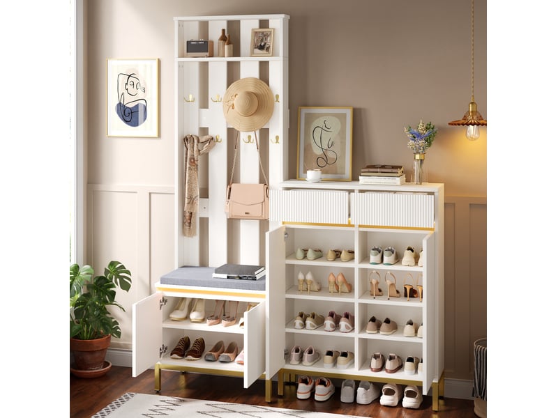  Meuble d'entrée 80x35x103 cm – blanc – banc, rangement chaussures et éclairage led piloté par app bluetooth  - Conforama D