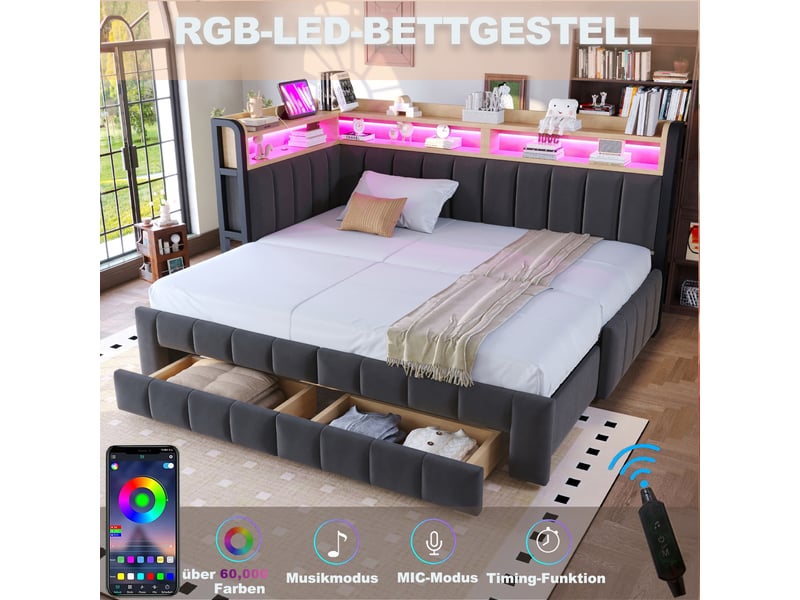  Lit banquette extensible 90 à 180 × 200 cm, avec rangement, tiroirs, étagères, led, usb-c, velours capitonné gris foncé  - Conforama E